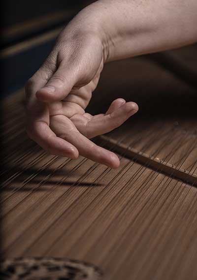 Hand der Pianistin über Cembalosaiten